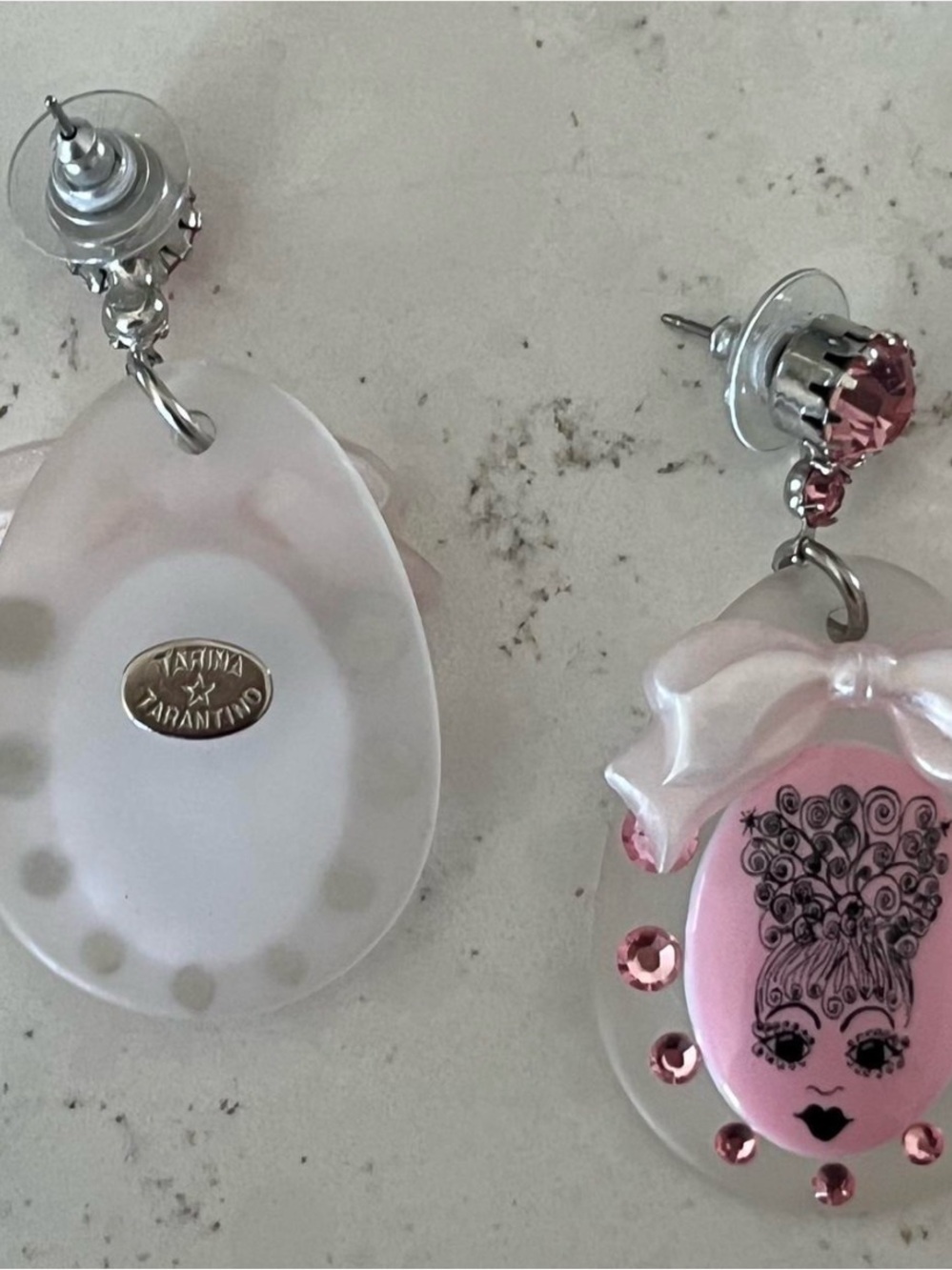 Tarina Tarantino Pink and White Bow Portrait Drop Earrings - Picture 2 of 7